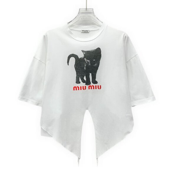 Miu Miu Tops - GW0522 Miu Miu White cat letter printed cotton round neck short-sleeved T-shirt